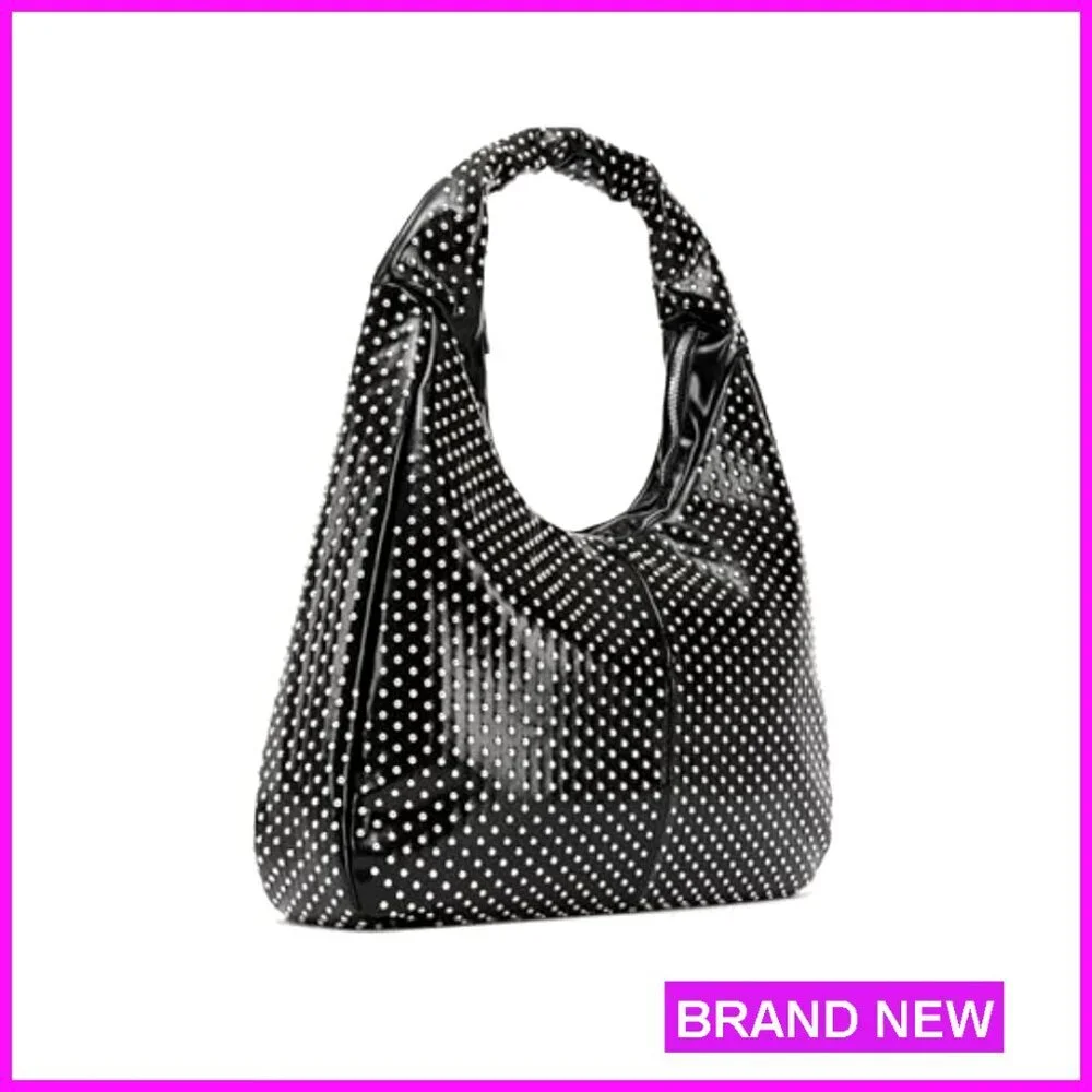 Faux Leather Hobo Shoulder Bag with Rhinestones, Spacious Work Tote